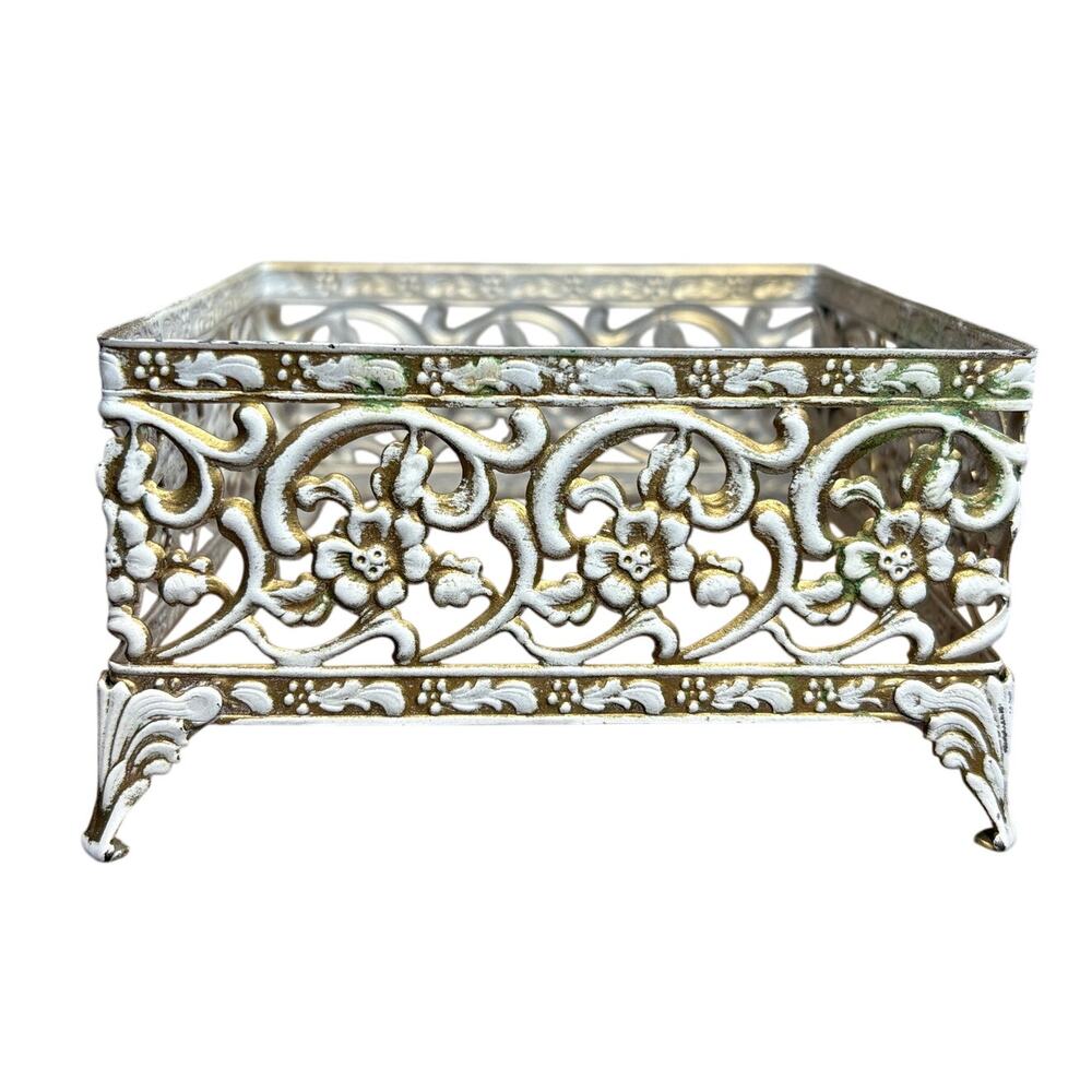 Vintage MCM‎ Tissue Holder Square Metal Filigree Hollywood Regency Shabby Chic